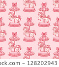 Festive decorative seamless pattern of vintage carousel horse, bow ribbon, hearts 128202943