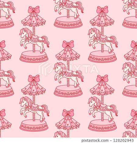 Festive decorative seamless pattern of vintage carousel horse, bow ribbon, hearts 128202943