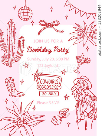 Cowgirl party invitation template with sample text 128202944