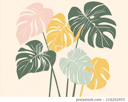 An illustration features three stylized Monstera leaves with dark stems against a light background. An illustration features three stylized Monstera leaves with dark stems against a light background. 128202955