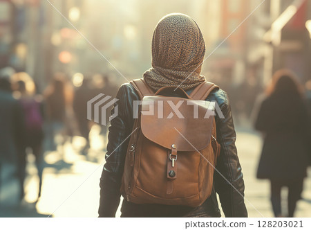 A Muslim girl wearing a hijab and backpack walks away, her back to the viewer, down a sunny, bustling street filled with blurred people and buildings. 128203021
