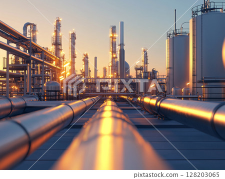 An expansive industrial oil production plant with numerous pipelines, storage tanks, and towering structures operates under a clear sky, showcasing heavy industry. An expansive industrial oil production plant with numerous pipelines, storage tanks, and towering structures operates under a clear sky, showcasing heavy industry. 128203065