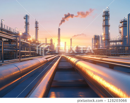 An expansive industrial oil production plant with numerous pipelines, storage tanks, and towering structures operates under a clear sky, showcasing heavy industry. 128203066