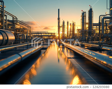An expansive industrial oil production plant with numerous pipelines, storage tanks, and towering structures operates under a clear sky, showcasing heavy industry. 128203080