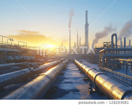An expansive industrial oil production plant with numerous pipelines, storage tanks, and towering structures operates under a clear sky, showcasing heavy industry. 128203081