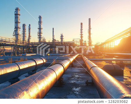 An expansive industrial oil production plant with numerous pipelines, storage tanks, and towering structures operates under a clear sky, showcasing heavy industry. 128203082