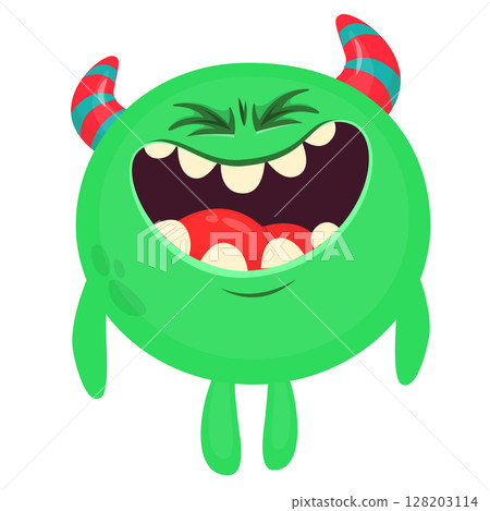 Cartoon cute monster with funny excited face expression waving hands . Vector illustration isolated on white. Halloween design Cartoon cute monster with funny excited face expression waving hands . Vector illustration isolated on white. Halloween design 128203114