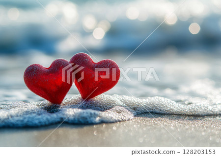 A close-up captures two shiny red heart-shaped objects resting on wet sand, with foamy ocean waves gently washing ashore in the background. 128203153