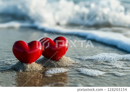 A close-up captures two shiny red heart-shaped objects resting on wet sand, with foamy ocean waves gently washing ashore in the background. 128203154