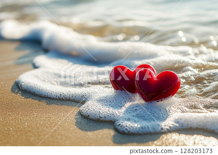 A close-up captures two shiny red heart-shaped objects resting on wet sand, with foamy ocean waves gently washing ashore in the background. 128203173
