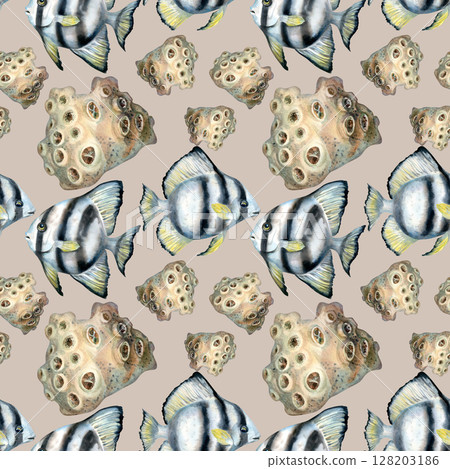 Seamless pattern of tropical striped fish, undersea sponge coral. Watercolor illustration in soft beige tones on beige background for sea design, bed linen, blanket, wallpaper, packaging, towel, craft 128203186