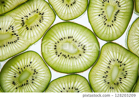 A close-up view of numerous vibrant green kiwi slices, showcasing their intricate patterns of seeds and fibrous texture against a white background. 128203209