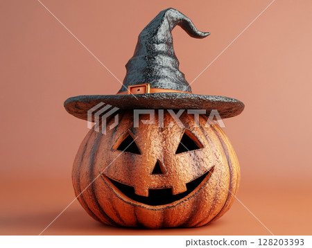 A classic carved Halloween pumpkin, glowing with a friendly jack-o'-lantern smile, wearing a pointy black witch's hat against an orange background. 128203393