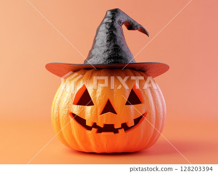 A classic carved Halloween pumpkin, glowing with a friendly jack-o'-lantern smile, wearing a pointy black witch's hat against an orange background. 128203394