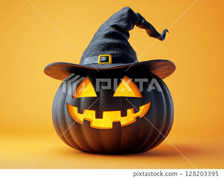 A classic carved Halloween pumpkin, glowing with a friendly jack-o'-lantern smile, wearing a pointy black witch's hat against an orange background. A classic carved Halloween pumpkin, glowing with a friendly jack-o'-lantern smile, wearing a pointy black witch's hat against an orange background. 128203395