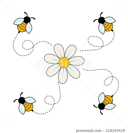Bees Flying Around a Daisy Flower Vector Illustration. This charming vector illustration features four adorable bees buzzing playfully around a single daisy flower at the center. 128203429