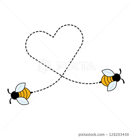 Cute Bees with Heart Flight Path Vector Illustration. A charming vector illustration featuring two cute bees flying along a dotted line that forms the shape of a heart. 128203430
