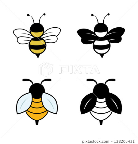 Bee Icons Collection Color and Silhouette Set Vector Illustration. The image includes two fully colored bees and two matching black silhouette versions. 128203431