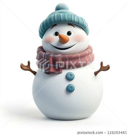 A cute, happy snowman wearing a knitted hat and scarf, with twig arms and a carrot nose, against a light background. 128203481