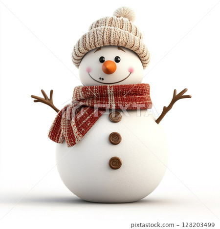 A cute, happy snowman wearing a knitted hat and scarf, with twig arms and a carrot nose, against a light background. A cute, happy snowman wearing a knitted hat and scarf, with twig arms and a carrot nose, against a light background. 128203499