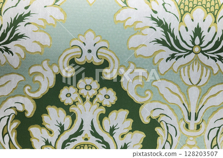 Elegant Green and Gold Damask Wallpaper Pattern, Ornate Baroque Floral Vintage Background 128203507