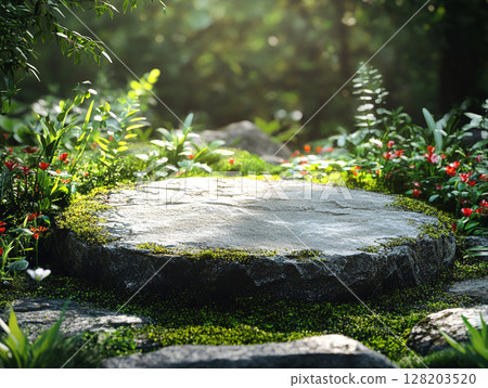A sun-dappled mossy stone podium in a lush forest, surrounded by small white and pink flowers, evoking a magical, serene atmosphere. 128203520