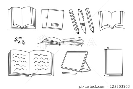 A set of outline stationery objects illustrations. Books, copy books, pens, pencils, paper clips, a tablet. School objects. 128203563