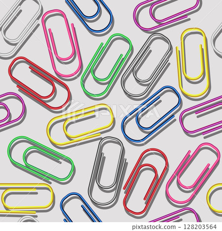 3d paper clips seamless pattern. Colorful bright clips seamless background. Colored paperclip background with shadows. Business or education background. Diversity and creativity concept. 128203564