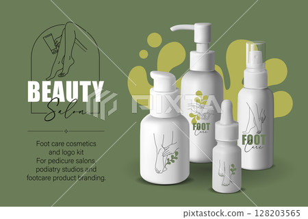 Foot Care Cosmetic Banner with Skincare Bottles and Beauty Foot Logos for Pedicure and Podiatry Branding. Mockup template for branding Foot Care Cosmetic Banner with Skincare Bottles and Beauty Foot Logos for Pedicure and Podiatry Branding. Mockup template for branding 128203565