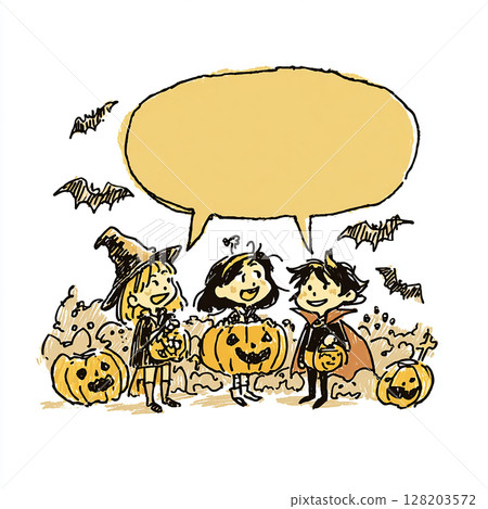 [對話泡泡] 穿著萬聖節服裝的孩子們和一個大對話泡泡 128203572
