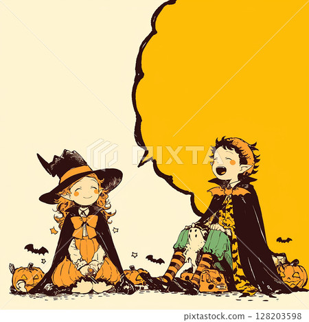 熱鬧的萬聖節場景,孩子們佔據中心 熱鬧的萬聖節場景,孩子們佔據中心 128203598