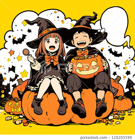 熱鬧的萬聖節場景,孩子們佔據中心 熱鬧的萬聖節場景,孩子們佔據中心 128203599