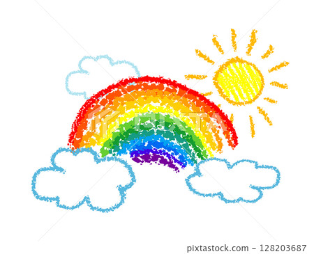 Children's drawing rainbow and sun. hand drawn. Not AI, Vector illustration 128203687