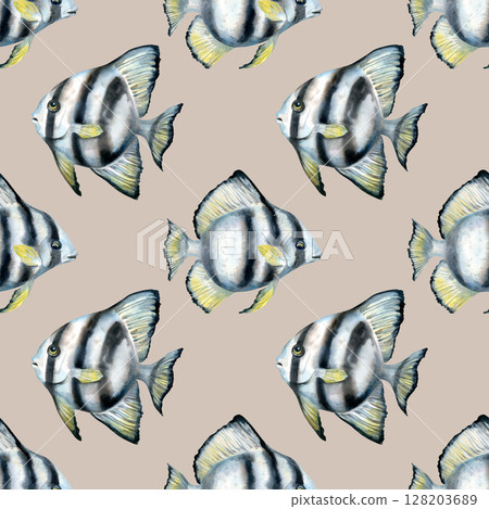 Seamless pattern of tropical batfish with black stripes, yellow fins. Watercolor illustration in soft tones on beige background for sea design, bed linen, blanket, wallpaper, packaging, towel, craft Seamless pattern of tropical batfish with black stripes, yellow fins. Watercolor illustration in soft tones on beige background for sea design, bed linen, blanket, wallpaper, packaging, towel, craft 128203689