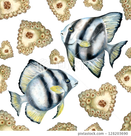 Seamless pattern of tropical striped fish, undersea sponge coral. Watercolor illustration in soft beige tones on white background for sea design, bed linen, blanket, wallpaper, packaging, towel, craft Seamless pattern of tropical striped fish, undersea sponge coral. Watercolor illustration in soft beige tones on white background for sea design, bed linen, blanket, wallpaper, packaging, towel, craft 128203690