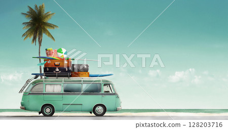 Retro Road Trip Adventure in a Classic Van by the Beachside road 128203716