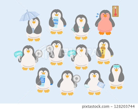 Penguin heat stroke prevention illustration set Penguin heat stroke prevention illustration set 128203744