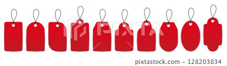 Set of isolated vector realistic red blank tags or retail labels with string. Sale price tags. Set of isolated vector realistic red blank tags or retail labels with string. Sale price tags. 128203834