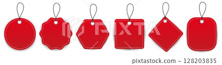 Realistic red price tag collection. Special offer or discount label. Blank sale promotion badge. Vector illustration. Realistic red price tag collection. Special offer or discount label. Blank sale promotion badge. Vector illustration. 128203835