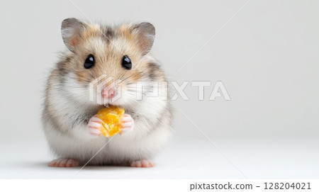 Hamster Holding a Snack in Its Tiny Paws on White Background 128204021