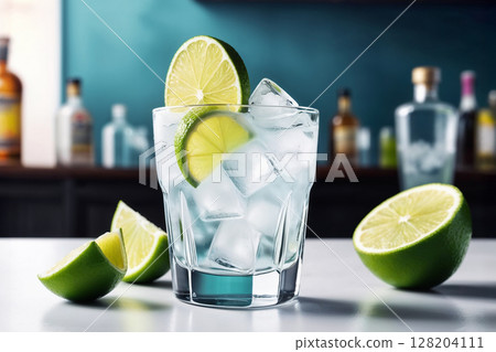 Refreshing drink with ice cubes and lime slices in a clear glass on a white surface. Perfect for themes of summer, cocktails, and refreshment. 128204111