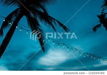 light bulbs on string wire decoration at the party event festival on the beach at sunset. Outdoor holiday background. Copy space. light bulbs on string wire decoration at the party event festival on the beach at sunset. Outdoor holiday background. Copy space. 128204160