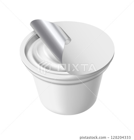 Realistic yogurt cup, sour cream, milk products vector 3D mock up package, white round plastic container with foil lid Realistic yogurt cup, sour cream, milk products vector 3D mock up package, white round plastic container with foil lid 128204333