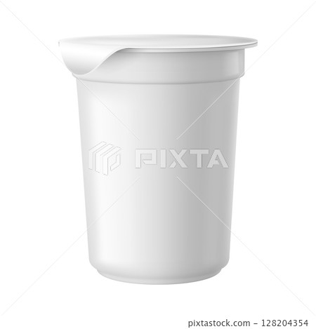 Realistic yogurt, sour cream, milk drink cup with cap package, vector 3D mockup of white plastic tall container foil lid Realistic yogurt, sour cream, milk drink cup with cap package, vector 3D mockup of white plastic tall container foil lid 128204354
