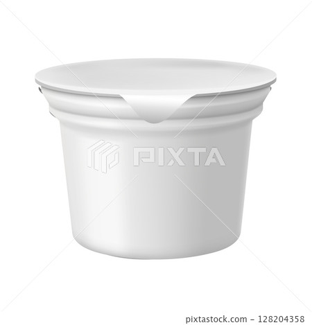 Realistic yogurt, sour cream products package, vector 3D mock up of white round plastic container with close foil lid Realistic yogurt, sour cream products package, vector 3D mock up of white round plastic container with close foil lid 128204358