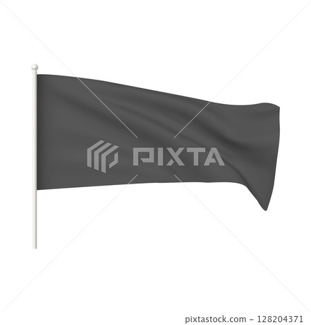Black waving flag on flagpole, pennants hanging on stand, realistic fabric horizontal canvas banner vector 3d mockup 128204371