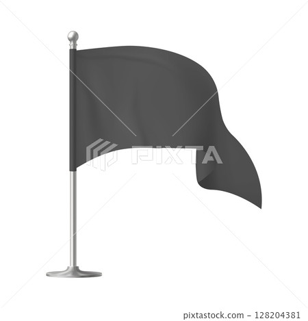 Black waving flag on flagpole template, realistic fabric horizontal canvas, textile banner vector 3d mockup 128204381