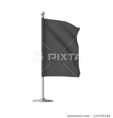 Waving, black rectangular flag on a flagpole, vertical. 3d blank template. 128204384