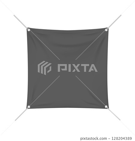 Realistic black vinyl or textile material poster on string, vector advertising banner, fabric square hanging on rope Realistic black vinyl or textile material poster on string, vector advertising banner, fabric square hanging on rope 128204389