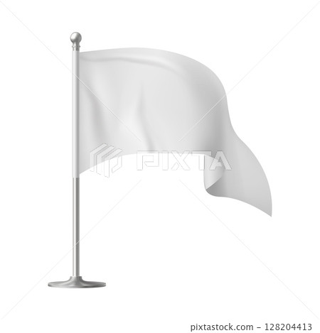 Fluttering blank mockup of a triangular white flag on a flagpole. Fluttering blank mockup of a triangular white flag on a flagpole. 128204413